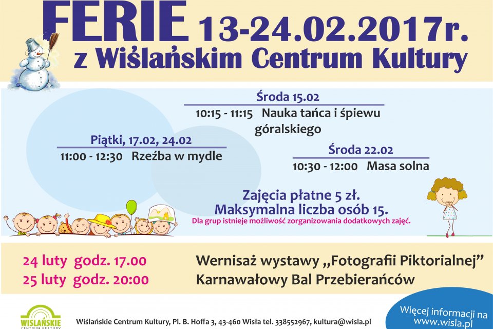 Plakat promujący ferie z Wiślańskim Centrum Kultury