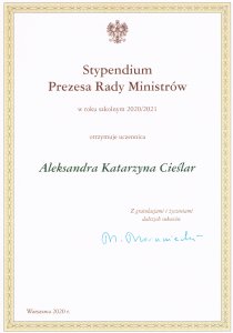 Dyplom przyznania stypendium